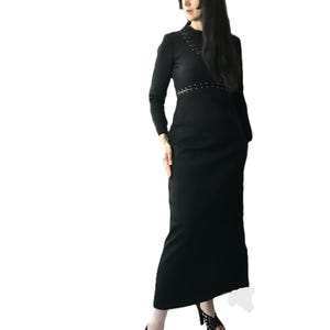 vintage 1960s 70s long black jersey evening Mod dress / 60s rhinestone gown / 70s Boho maxi cocktail dress / size Medium