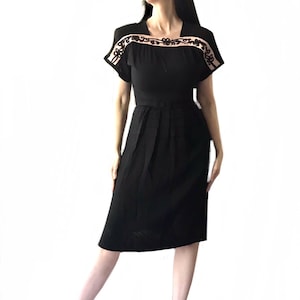 vintage 1930s black pink crepe rayon black sequin dress / 1940s little black dress/ film noir WWII swing rockabilly dress / waist 28&quot; US 10