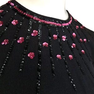 vintage 1930s black crepe rayon pink sequin dress / 1940s little black dress/ film noir WWII swing rockabilly dress / waist 29&quot; US 12