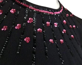 vintage 1930s black crepe rayon pink sequin dress / 1940s little black dress/ film noir WWII swing rockabilly dress / waist 29&quot; US 12