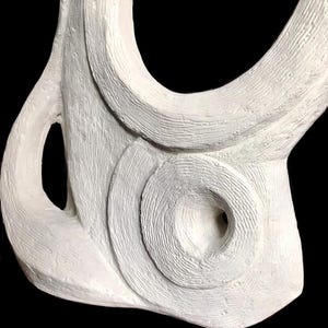 Pode incluir: Uma escultura abstrata branca com uma superf&iacute;cie texturizada com sulcos e linhas vis&iacute;veis. O objeto tem uma forma org&acirc;nica curva com uma reentr&acirc;ncia circular proeminente no centro e uma abertura no lado esquerdo.