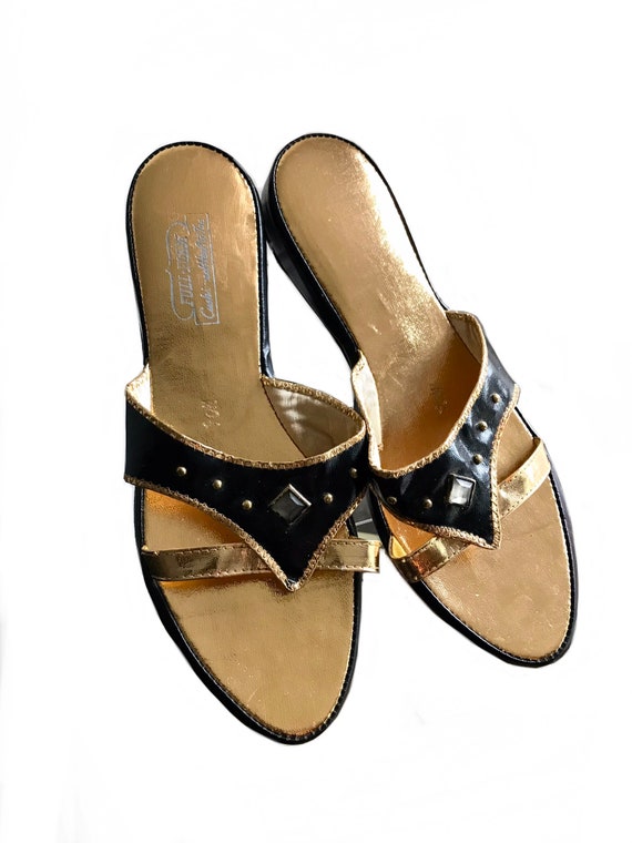 vintage 1960s black gold studded summer slippers … - image 3