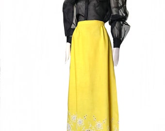 vintage 1960s yellow linen long skirt / 60s Mod floral embroidery maxi skirt US size 10