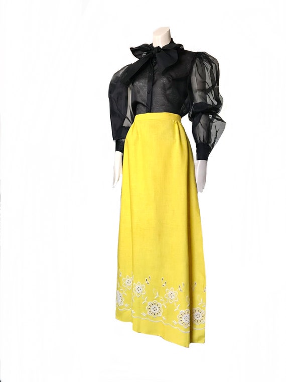 vintage 1960s yellow linen long skirt / 60s Mod f… - image 1