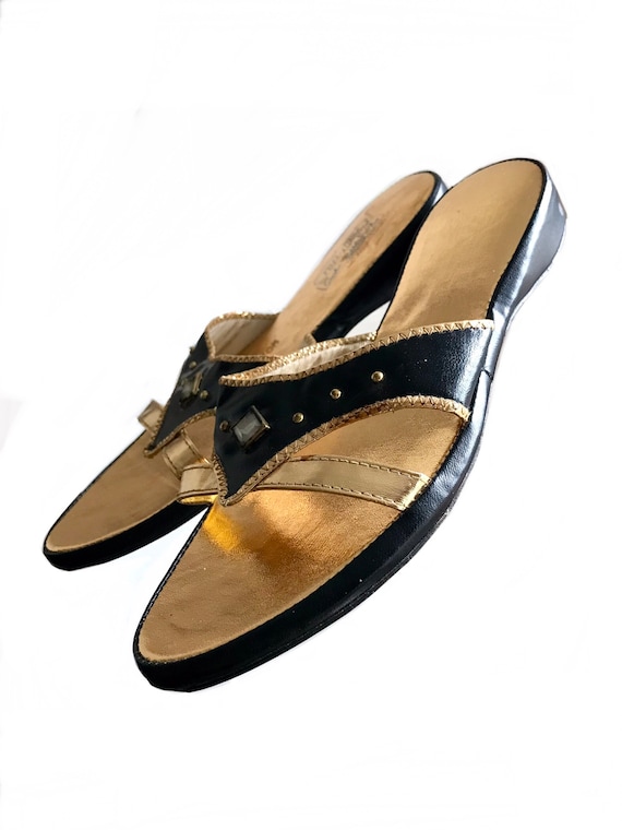vintage 1960s black gold studded summer slippers … - image 5