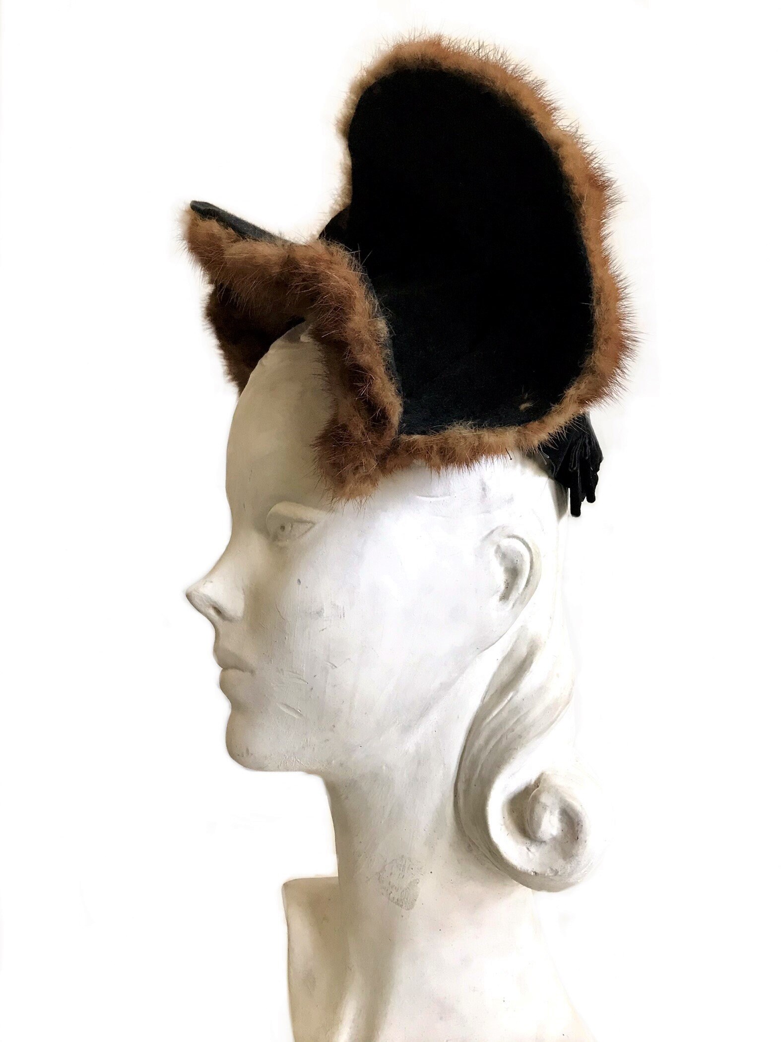 Vintage 1930s 1940s Genuine Brown Mink Fur Ladies Hat / 40s 