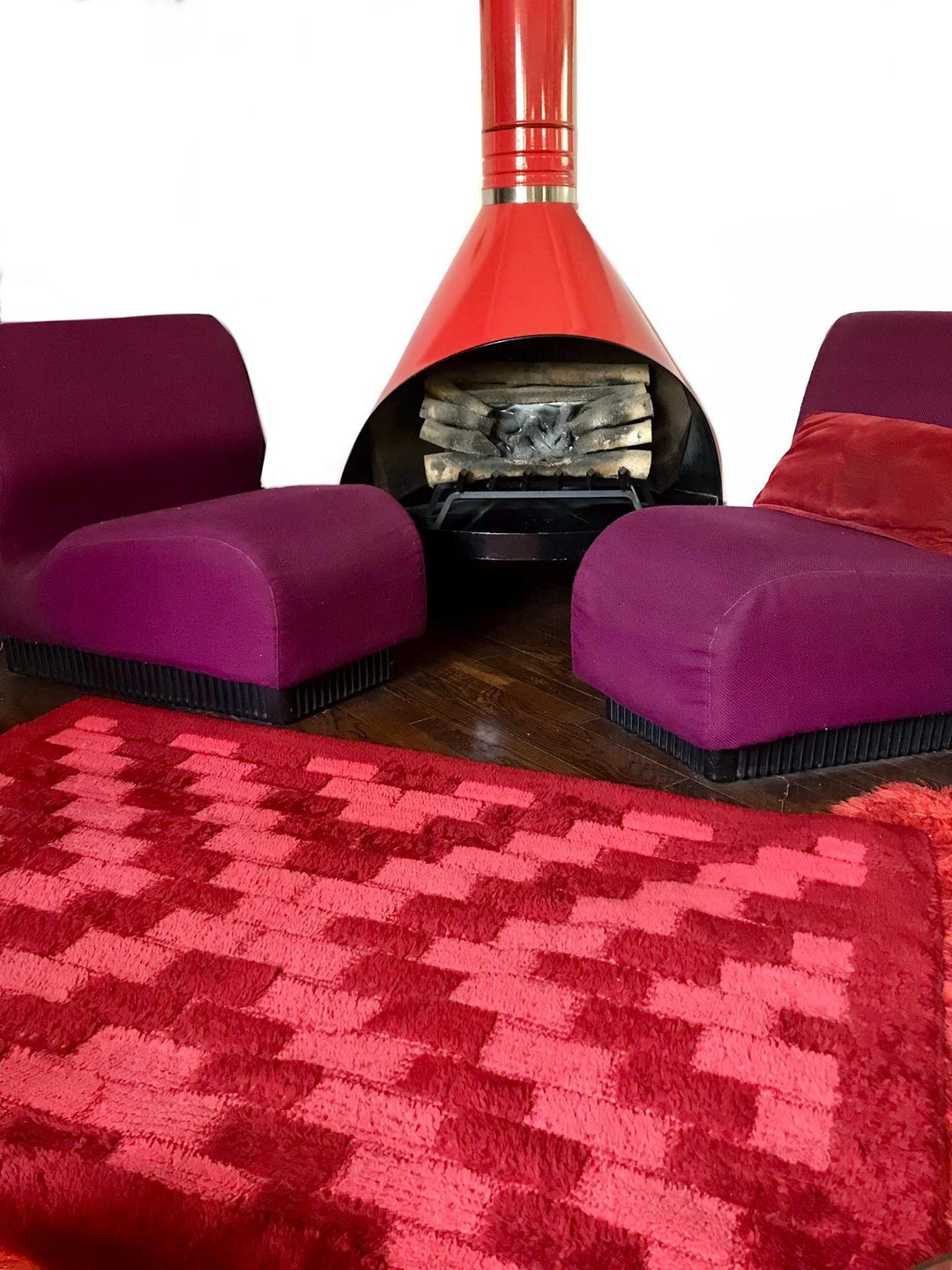 Vintage 1960s Danish Modern Rya Rug: Red & Pink Abstract Geometric ...