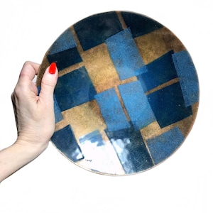 vintage 1950s mid century blue gold abstract geometric enamel bowl / 60s modernist fruit serving decorative bowl