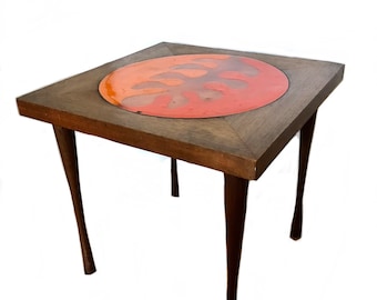 Mid Century teak wood tapered legs orange gold copper enamel abstract side table / vintage 1950s Danish Modern coffee end table