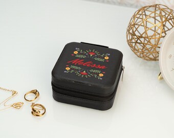 Personalized Floral Case | Travel Jewelry Organizer | Leather Custom Jewelry Box | Bridesmaid Gift | Initial Jewelry Storage for Women&Girls