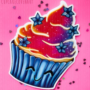 Galaxy Cupcake Sticker – Handmade & Hand Drawn Kawaii Dessert Vinyl Decal