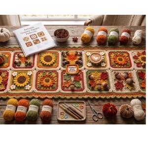 Patrón de camino de mesa de ganchillo otoñal, manta cuadrada con estampado de calabaza y especias, decoración de mesa otoñal en PDF, hojas de girasol, bellota, decoración de Acción de Gracias