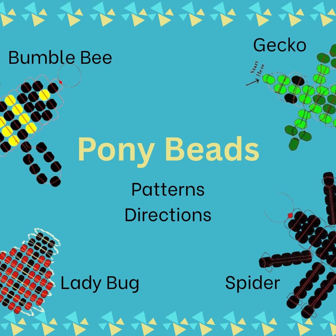 pony bead animal patterns: bumble bee, gecko, lady bug, spider
