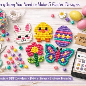 Può includere: Un kit artigianale a tema pasquale con disegni di perline colorate, tra cui un coniglietto, un pulcino, un uovo, un fiore e una farfalla. L'immagine include un barattolo di perline, forbici e uno smartphone con il messaggio "Download Complete".