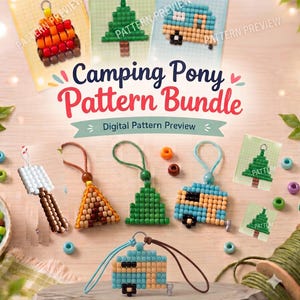 Modèles de perles pour poney de camping | Porte-clés rétro camping-car et tente à faire soi-même (PDF) - Projet créatif pour débutants, amoureux de la nature | Cadeau aventure pour enfants et adultes