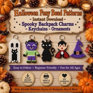 Halloween Pony Bead Patterns | Kawaii  Spooky Ghost and Cat, Vampire & Witch | Craft Templates | Easy Pony Bead Keychain PDF Tutorial