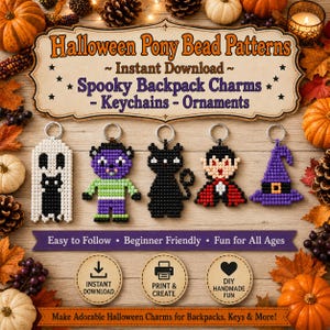 Halloween Pony Bead Patterns | Kawaii  Spooky Ghost and Cat, Vampire & Witch | Craft Templates | Easy Pony Bead Keychain PDF Tutorial