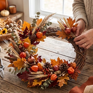 Puede incluir: Una corona de otoño circular hecha de ramas marrones, decorada con hojas de arce naranjas, rojas y amarillas, piñas, tallos de trigo secos, ramas de eucalipto, pequeñas bayas rojas y frutos de farolillo de color naranja brillante.
