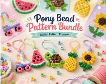 Summer Pony Bead Patterns PDF, Watermelon Turtle Pineapple Flower Roller Skate Keychain Tutorial, Plastic Bead Craft Guide, Digital Download