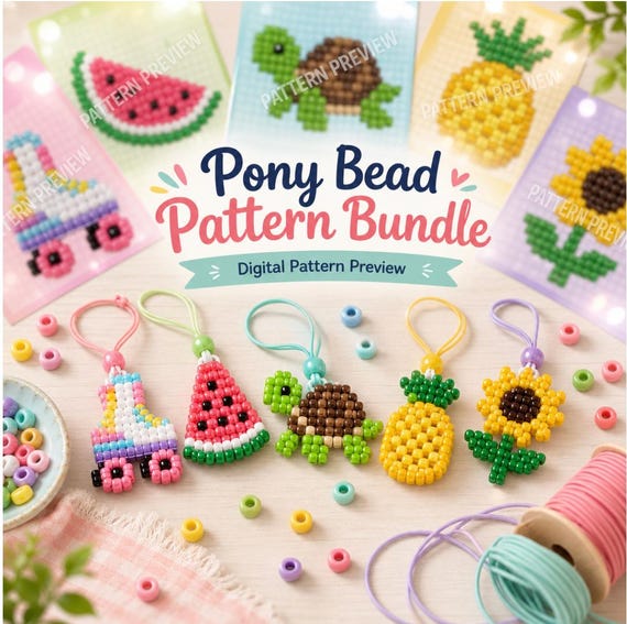 Summer Pony Bead Patterns PDF, Watermelon Turtle Pineapple Flower Roller Skate Keychain Tutorial, Plastic Bead Craft Guide, Digital Download