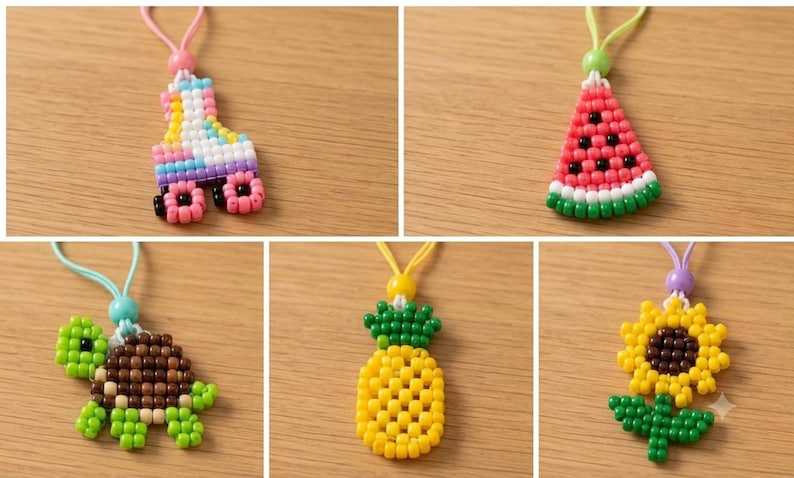 Summer Pony Bead Patterns PDF, Watermelon Turtle Pineapple Flower Roller Skate Keychain Tutorial, Plastic Bead Craft Guide, Digital Download