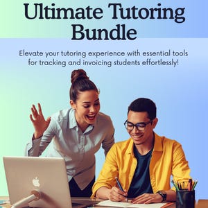 Pode incluir: Imagem que promove o "Ultimate Tutoring Bundle". A imagem apresenta uma mulher e um homem colaborando, com um laptop e cadernos em uma mesa. O texto diz: "Eleve sua experiência de tutoria com ferramentas essenciais para rastrear e faturar alunos sem esforço!"