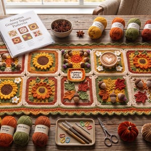 Può includere: Un runner da tavola rettangolare all'uncinetto con piastrelle granny a tema autunnale raffiguranti girasoli, zucche, ghiande e foglie. Un quadrato riporta il testo Pumpkin Spice Season. Include gomitoli, un libro di schemi e uncinetti.