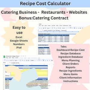 Könnte beinhalten: Ein digitaler Rezeptkostenrechner für Catering-Unternehmen, Restaurants und Websites. Das Bild zeigt Tabellenkalkulationen mit Zutatenpreiswarnungen, Rezeptrentabilität und Registerkarten für verschiedene Funktionen, einschließlich Menüplanung und Kundenaufträge.