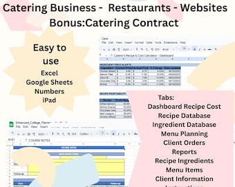 Paquete para empresas de catering: Calculadora de costos de recetas, Planificación de comidas, Base de datos de recetas, Seguimiento de pedidos de clientes para Hojas de cálculo de Google, Excel, iPad y Numbers.