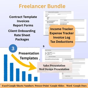 May include: A digital Freelancer Bundle graphic with text including "Contract Template," "Invoices," and "Income Tracker." The image features a bar graph and document templates, suitable for business and financial organization.
