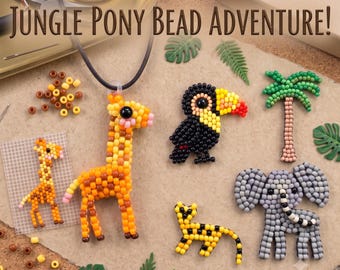 Jungle Pony Bead Pattern, Safari Animals, Kids Crafts, Keychain Backpack Charm DIY (Digital Pattern) Elephant, Tiger, Toucan, Giraffe