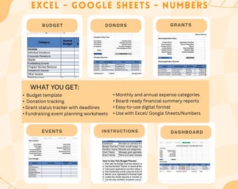 Digital mall för budgetplanerare för ideella organisationer, strategisk plan för ideella organisationer, insamling av bidrag, givare, evenemang, spårning, Excel-ark för ideella organisationer, Google Sheet