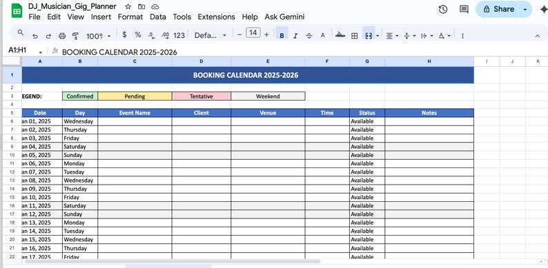 DJ Template Musician Gig Planner Schedule Booking Organizer Musician ...