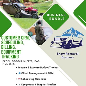 Puede incluir: Gráfico de un paquete de negocios con el texto "Lawn Care Business Templates Bundle" y "Business Bundle". Incluye imágenes de un cortacésped, una persona usando equipo y una camioneta quitanieves. Presenta CRM de clientes, programación, facturación y seguimiento de equipos.