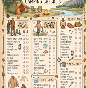 May include: A camping checklist illustration featuring a landscape with a tent, campfire, and river. The document includes categorized lists for apparel, equipment, and toiletries with checkboxes, accompanied by small icons of gear like a lantern, watch, and stove.