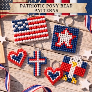 Patriotic Pony Bead Patterns PDF — July 4th  Designs: Flag, Eagle, Star, Heart, Cross Red, White and Blue