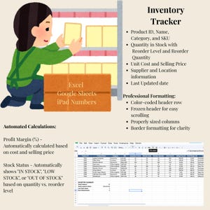 Könnte beinhalten: Eine Illustration eines Inventar-Trackers mit einer Person, die Artikel in Regale legt. Das Bild enthält Text über automatisierte Berechnungen, professionelle Formatierung und Funktionen wie Produkt-ID, Menge und Stückkosten. Der Text erwähnt auch Excel, Google Sheets und iPad Numbers.