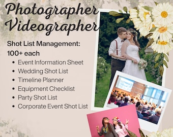 Event Photographer or Videographer, Shot List Planner and Organizer, Wedding - Corporate, Party Excel, Google Sheets, and Ipad Numbers