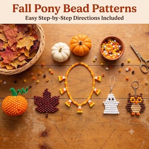 Fall Pony Bead Patterns PDF | Halloween Autumn Pumpkin, Ghost, Maple Leaf, Candy Corn and Owl  | Kids Craft Printable Activity