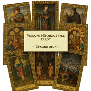 Peut inclure: Un jeu de tarot de style Visconti-Sforza avec 78 cartes. Chaque carte présente une illustration détaillée dans une bordure dorée décorative. Les cartes représentent diverses figures et scènes, dont une femme aux yeux bandés avec une épée et une figure de diable.