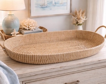 Handcrafted Woven Baby Changing Basket • Natural Nursery Tray with Pad