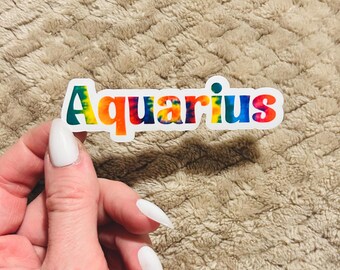 groovy tie-dye aquarius zodiac sticker  |  clear border rainbow astrological sign sticker