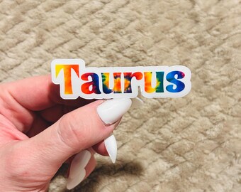 groovy tie-dye taurus zodiac sticker  |  clear border rainbow astrological sign sticker