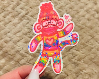 holographic rainbow sock monkey sticker  |  rainbow  lgbtqia+ pride sticker