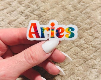 groovy tie-dye aries zodiac sticker  |  clear border rainbow astrological sign sticker