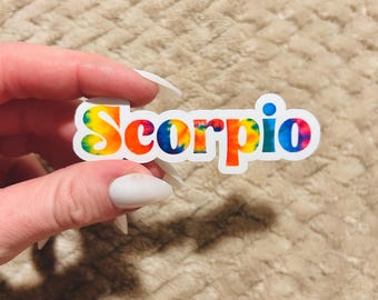 groovy tie-dye scorpio zodiac sticker  |  clear border rainbow astrological sign sticker