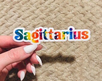 groovy tie-dye sagittarius zodiac sticker  |  clear border rainbow astrological sign sticker