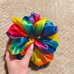 oversized vivid rainbow pride scrunchie  |  rainbow  lgbtqia+ hair scrunchie