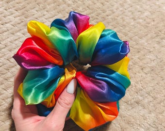 oversized vivid rainbow pride scrunchie  |  rainbow  lgbtqia+ hair scrunchie