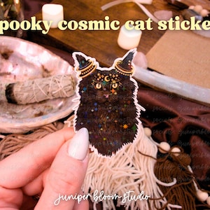 black cat holographic sticker  |  spooky halloween witchy sticker